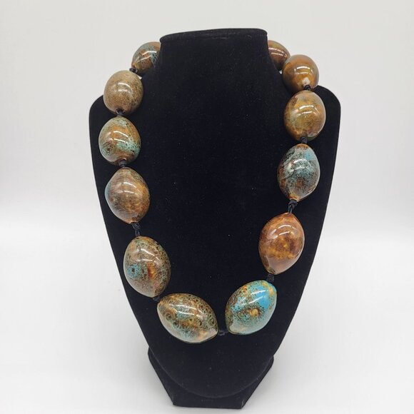 unbranded Jewelry - VTG Ceramic Heavy Bead Necklace Brown Turquoise Boho Statement